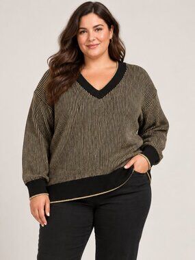 Nine West Black Gold Metallic Stripe V-Neck Sweater Plus Size 3X NWT